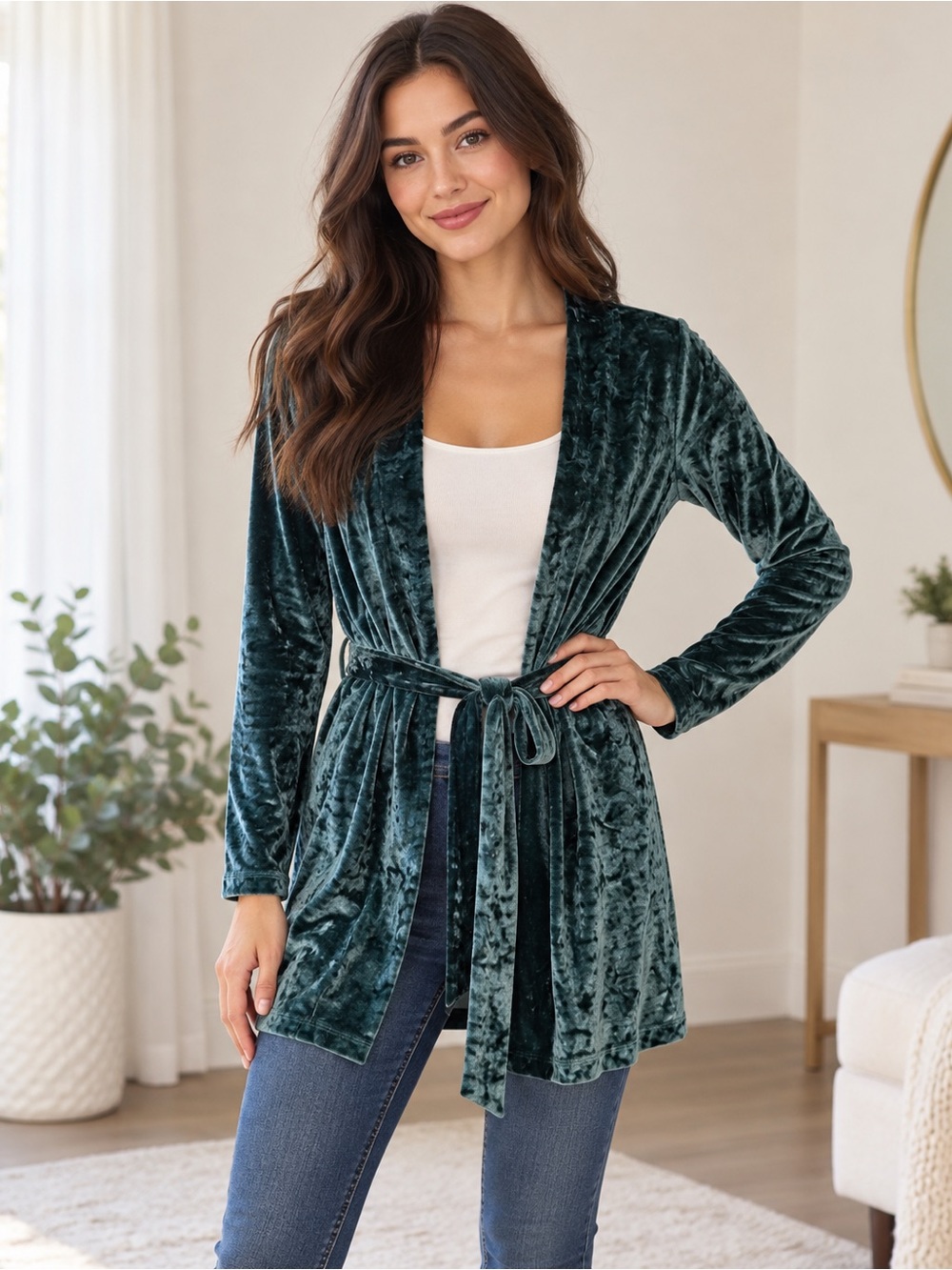 Forever 21 Crushed Velvet Tie-Waist Robe Cardigan in Teal Green Size XS Y2K